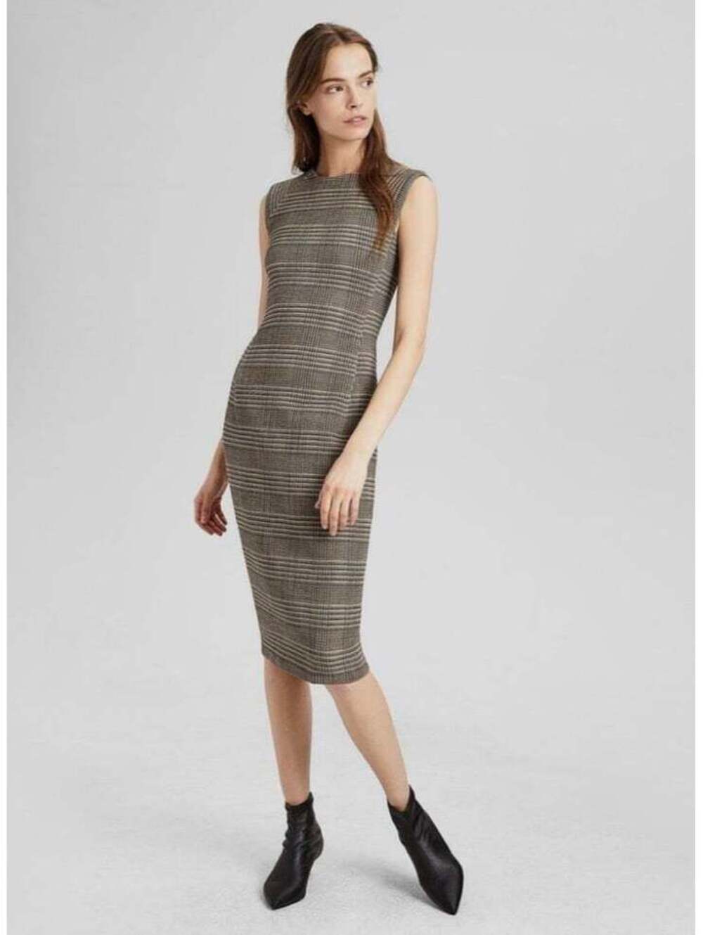 Theory Power Midi Wool Plaid Classic Sheath Dress, size 10, black brown white